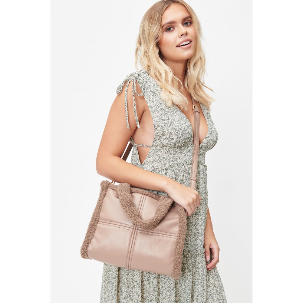 Woman wearing Latte Urban Expressions Cheviot Tote 840611101471 View 2 | Latte