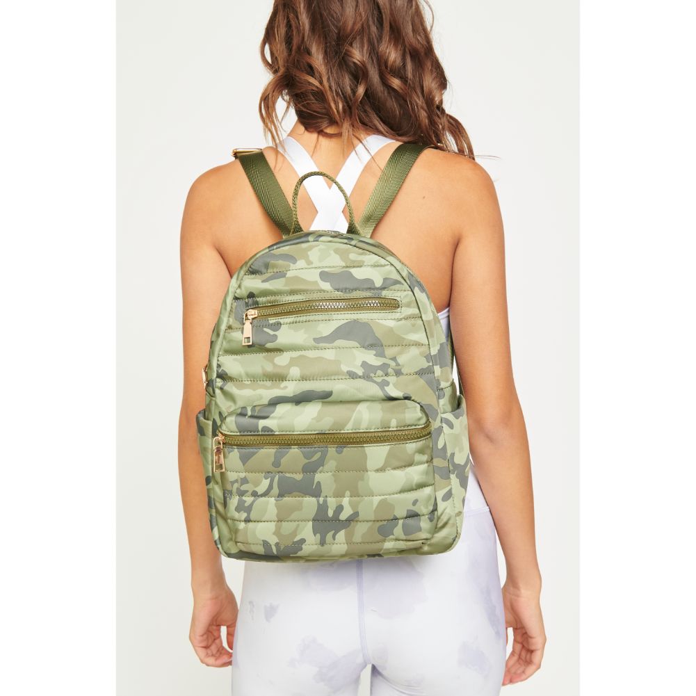 Woman wearing Green Camo Urban Expressions Aiden Backpack 840611180735 View 1 | Green Camo