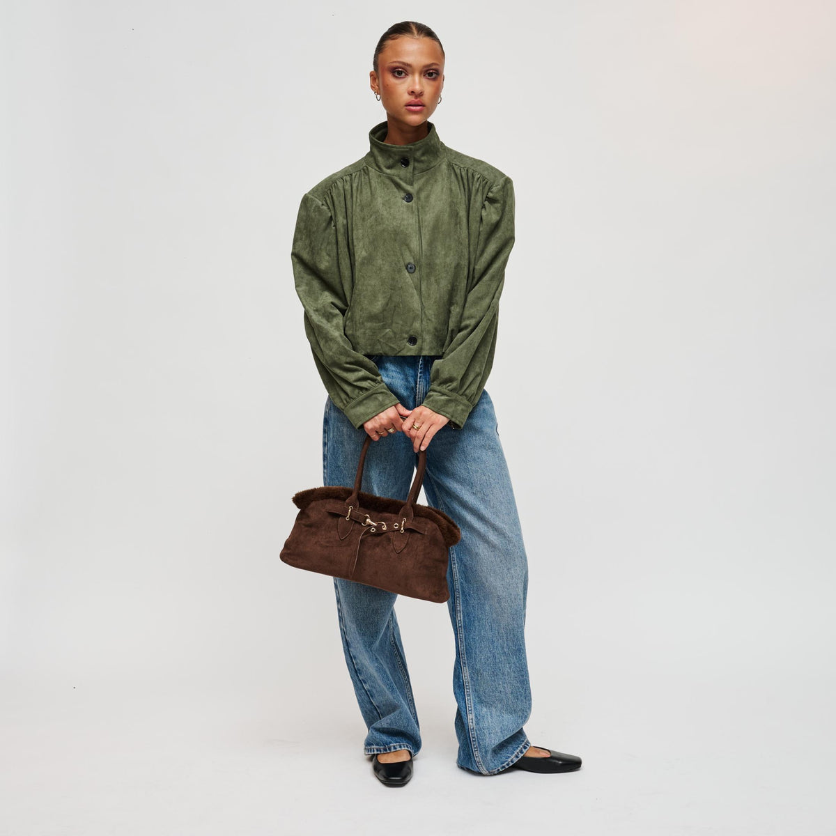 Woman wearing Chocolate Urban Expressions Tommy Satchel 840504212291 View 4 | Chocolate