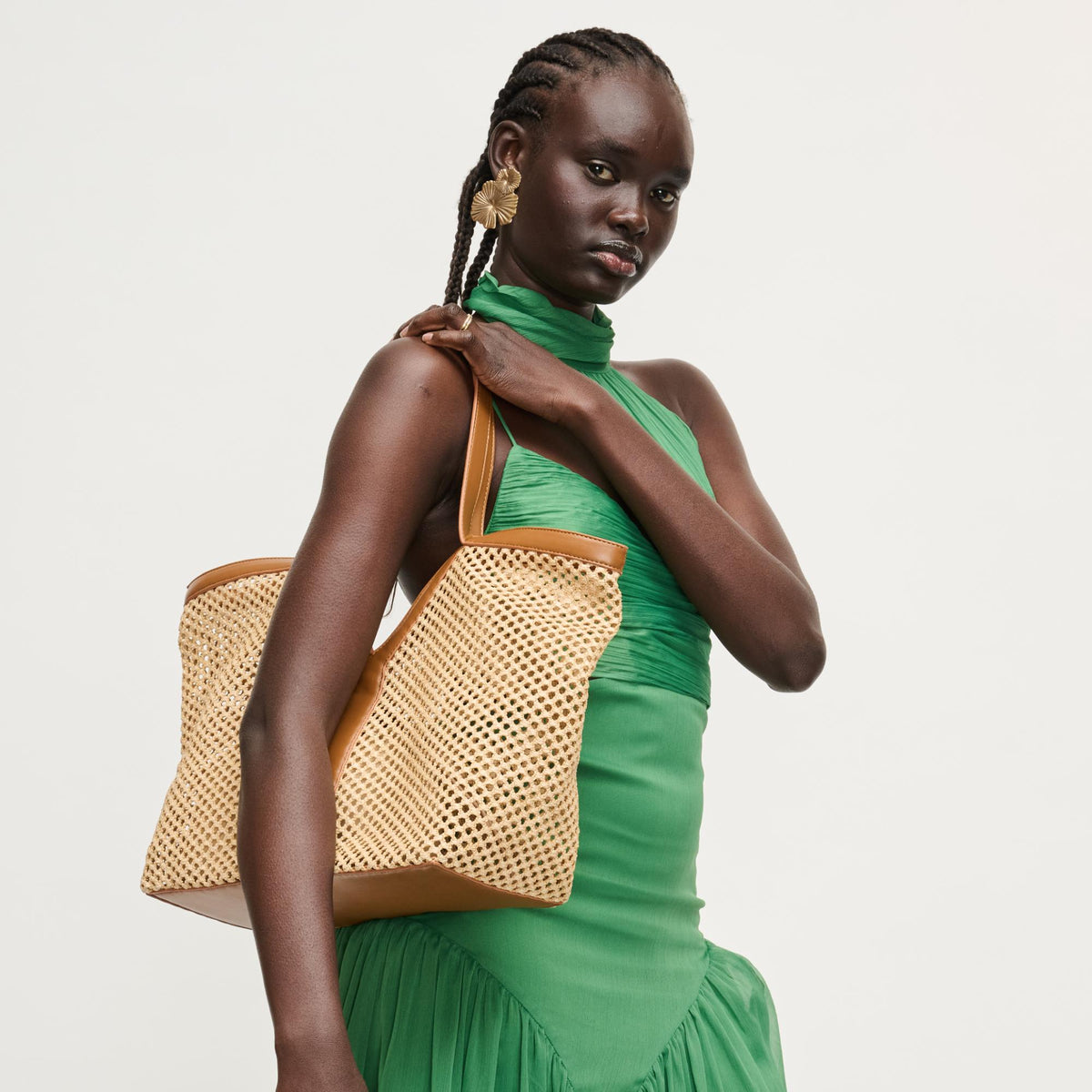 Woman wearing Natural Tan Urban Expressions Naida Tote 840504205910 View 2 | Natural Tan