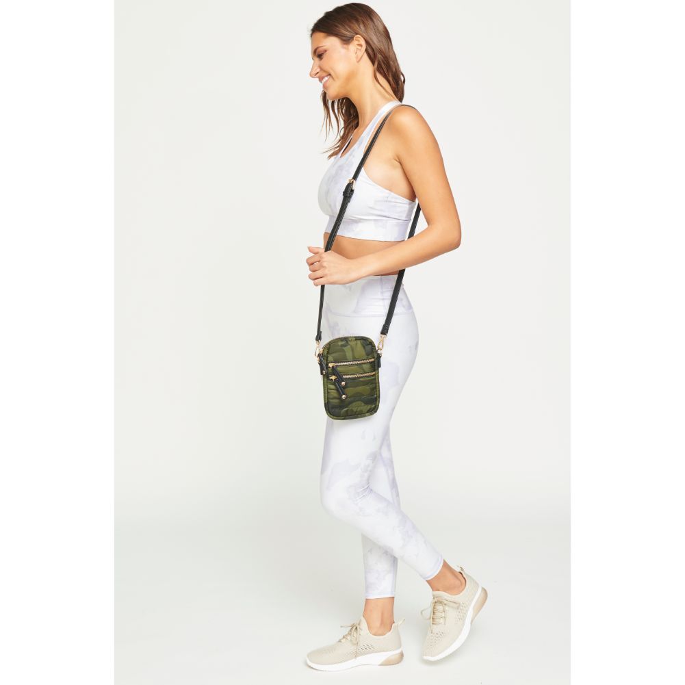 Woman wearing Green Camo Urban Expressions Evelyn Cell Phone Crossbody 840611181985 View 3 | Green Camo