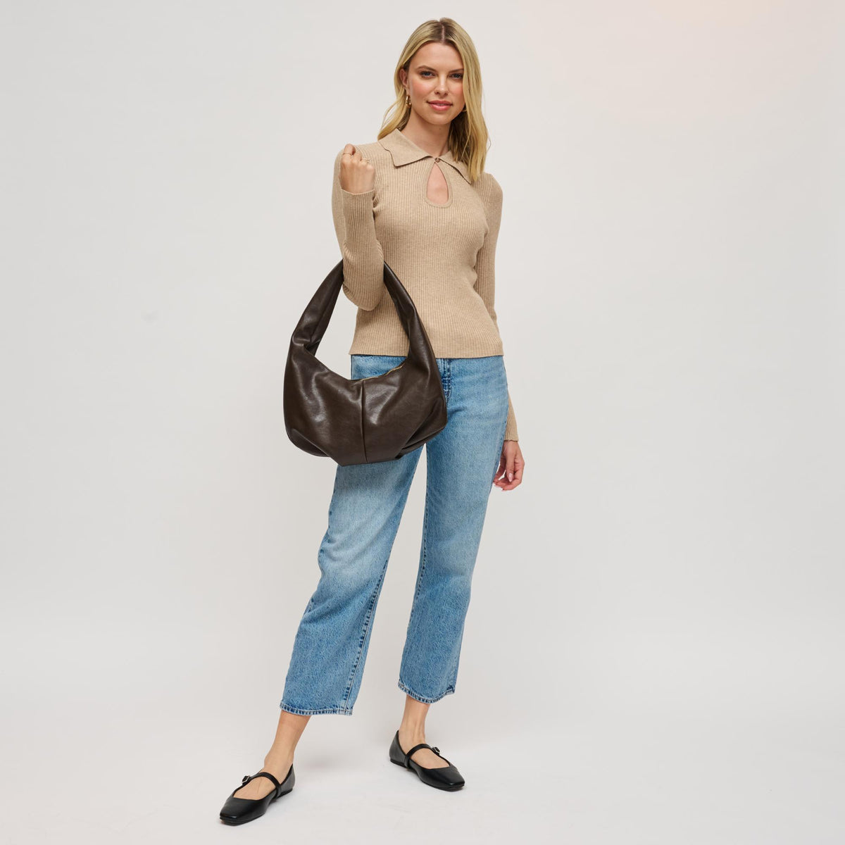 Woman wearing Chocolate Urban Expressions Sara Hobo 840611199232 View 3 | Chocolate