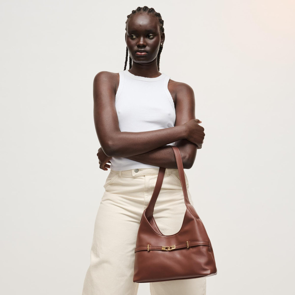 Woman wearing Chocolate Urban Expressions Camila Shoulder Bag 840504205859 View 3 | Chocolate