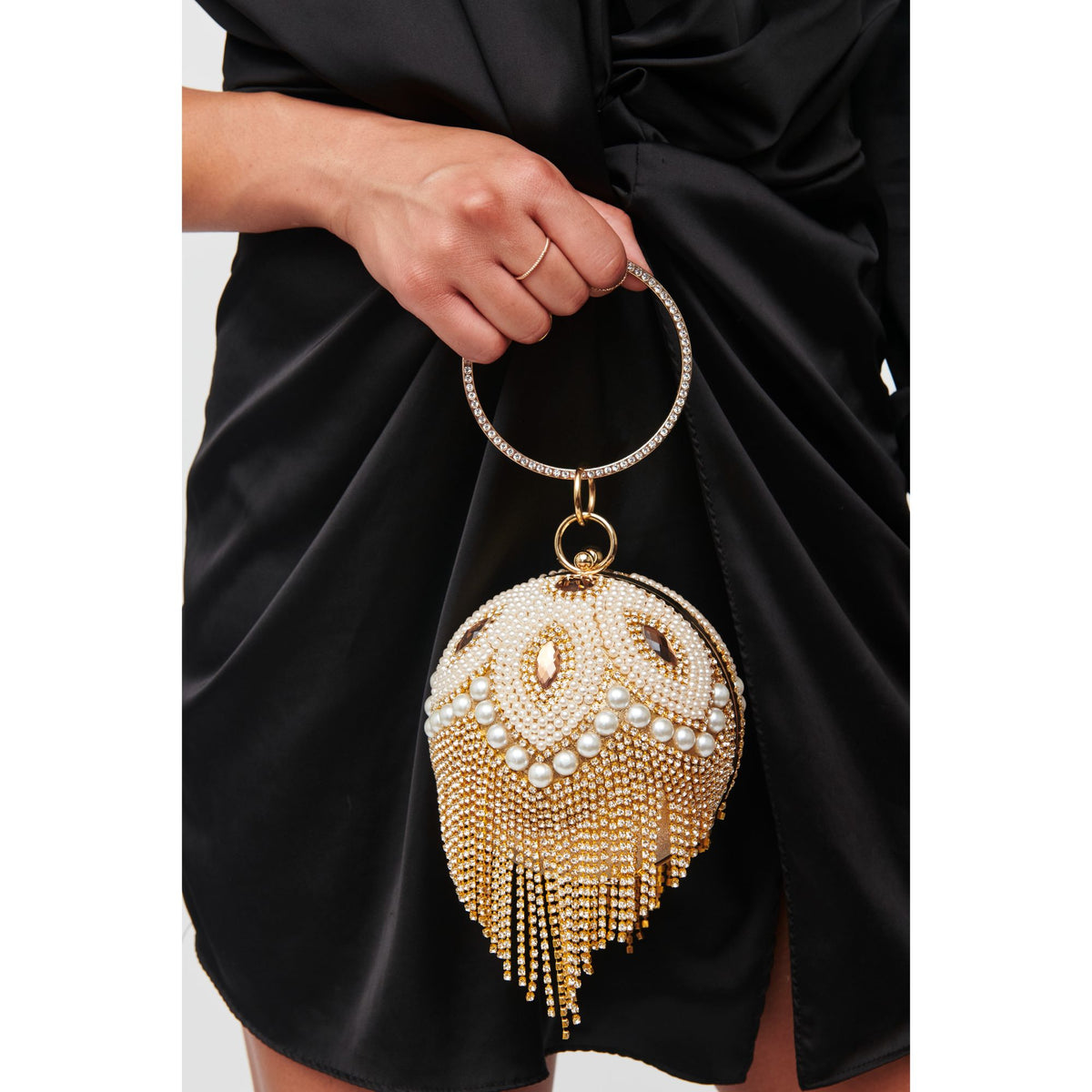 Woman wearing Gold White Urban Expressions Priyanka Evening Bag 818209014458 View 1 | Gold White