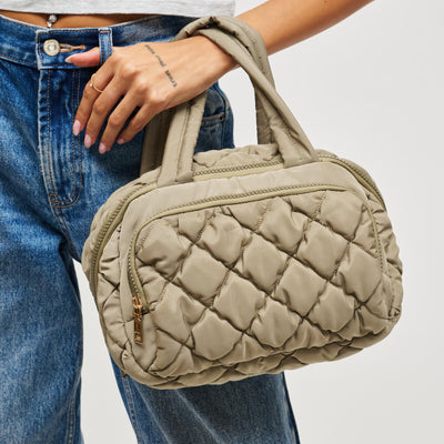 Woman wearing Desert Sage Urban Expressions Zip Me Pretty - Quilted Puffer Travel Organizer 840504201196 View 1 | Desert Sage