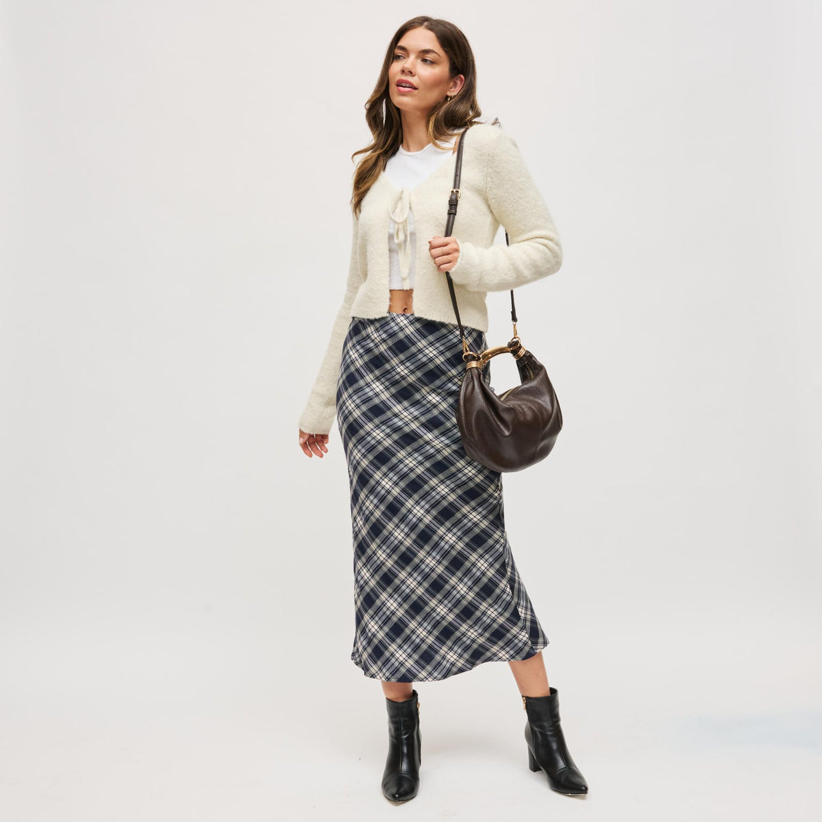 Woman wearing Espresso Urban Expressions Carrie Crossbody 840611199799 View 2 | Espresso