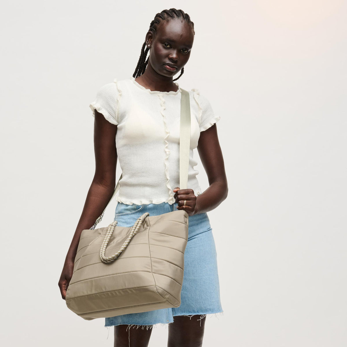 Woman wearing Sage Urban Expressions Lyla Tote 840504206139 View 3 | Sage