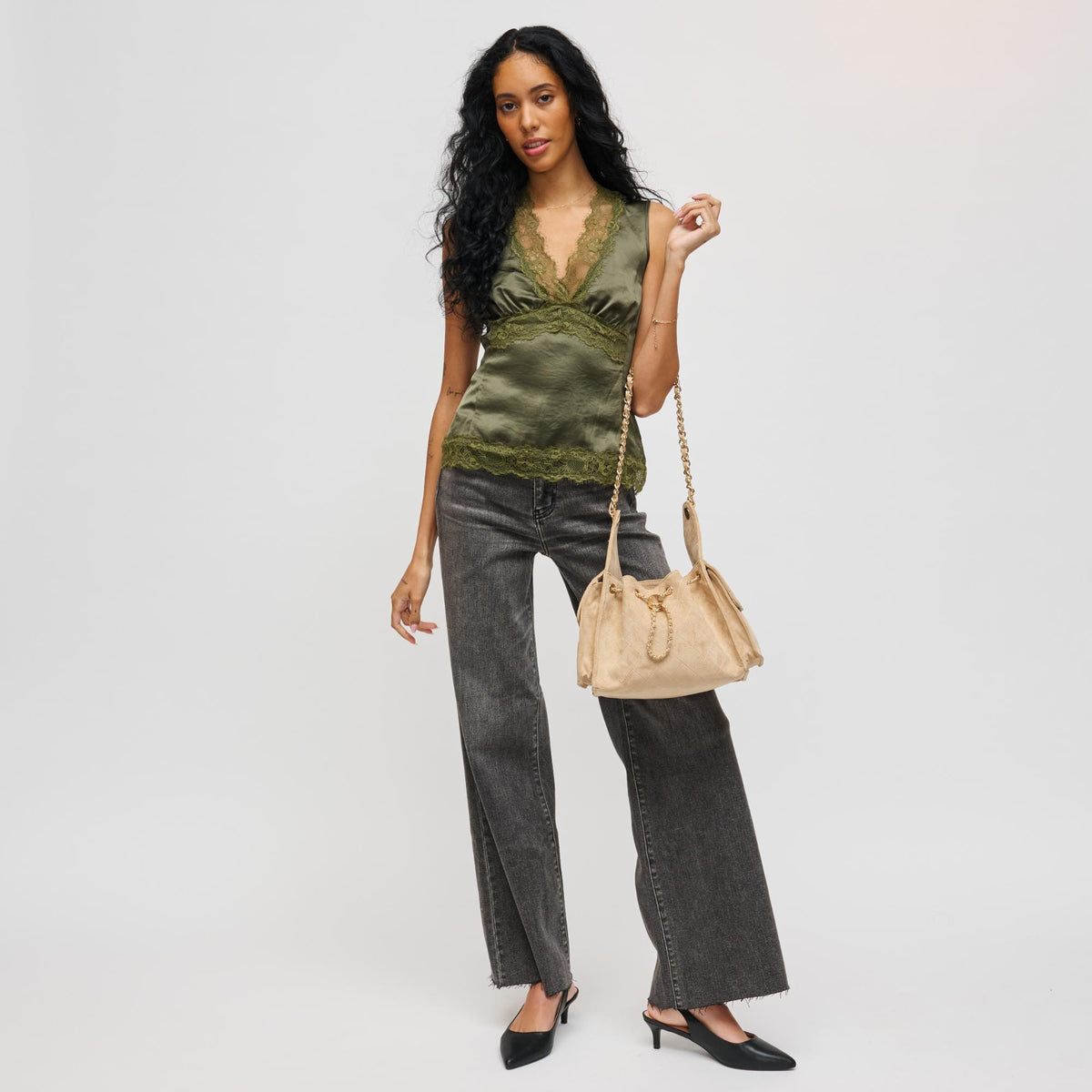 Woman wearing Natural Urban Expressions Willow - Quilted Faux Suede Hobo 840611198297 View 3 | Natural