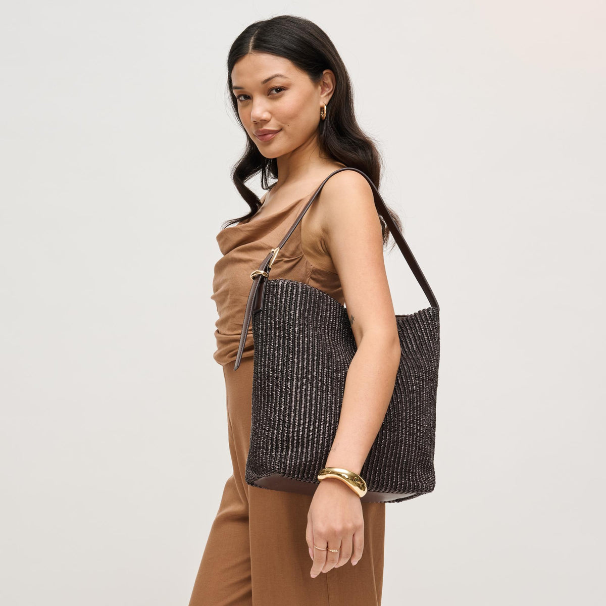 Woman wearing Chocolate Urban Expressions Alethea Hobo 840504205873 View 3 | Chocolate