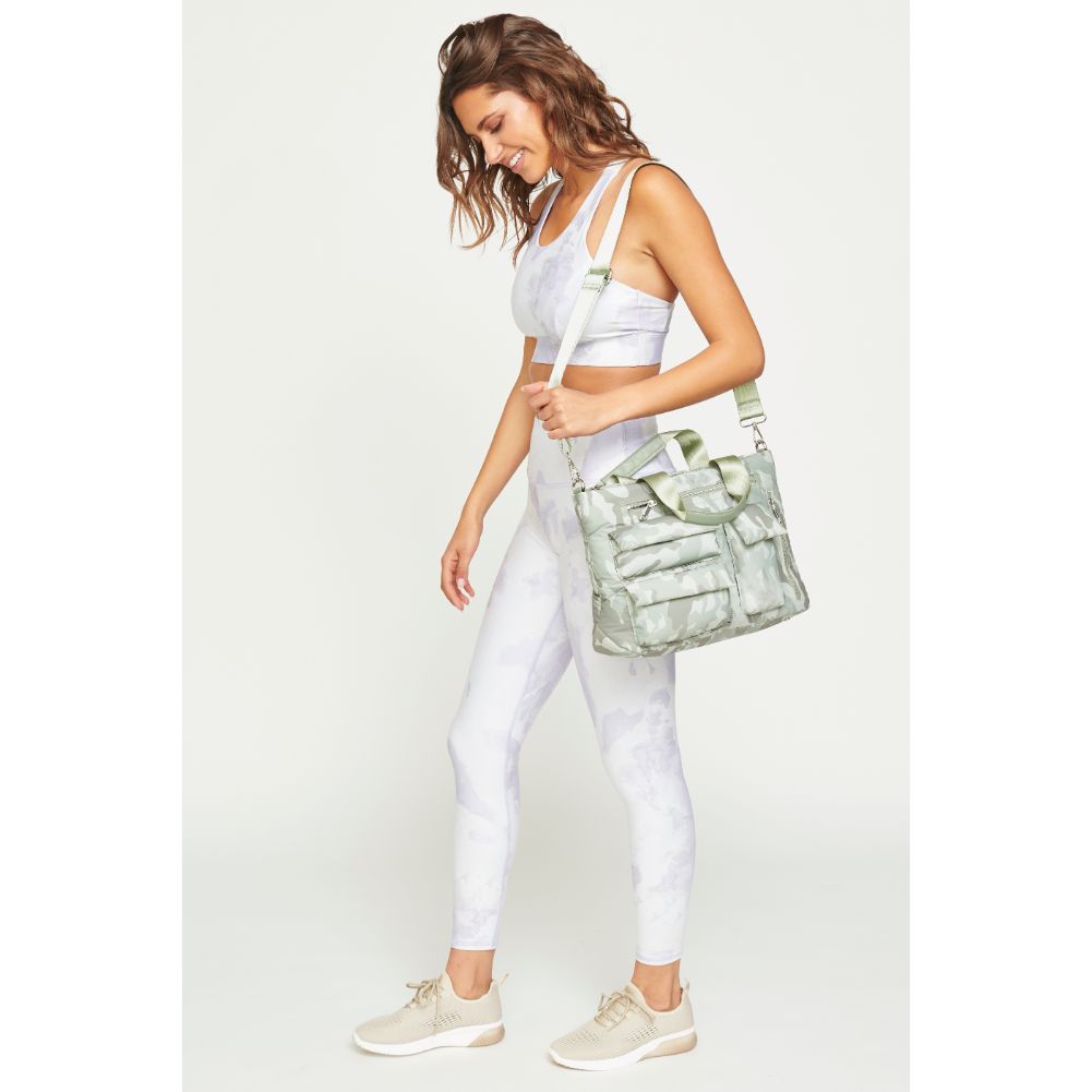 Woman wearing Sage Camo Urban Expressions Aria Messenger 840611182067 View 3 | Sage Camo