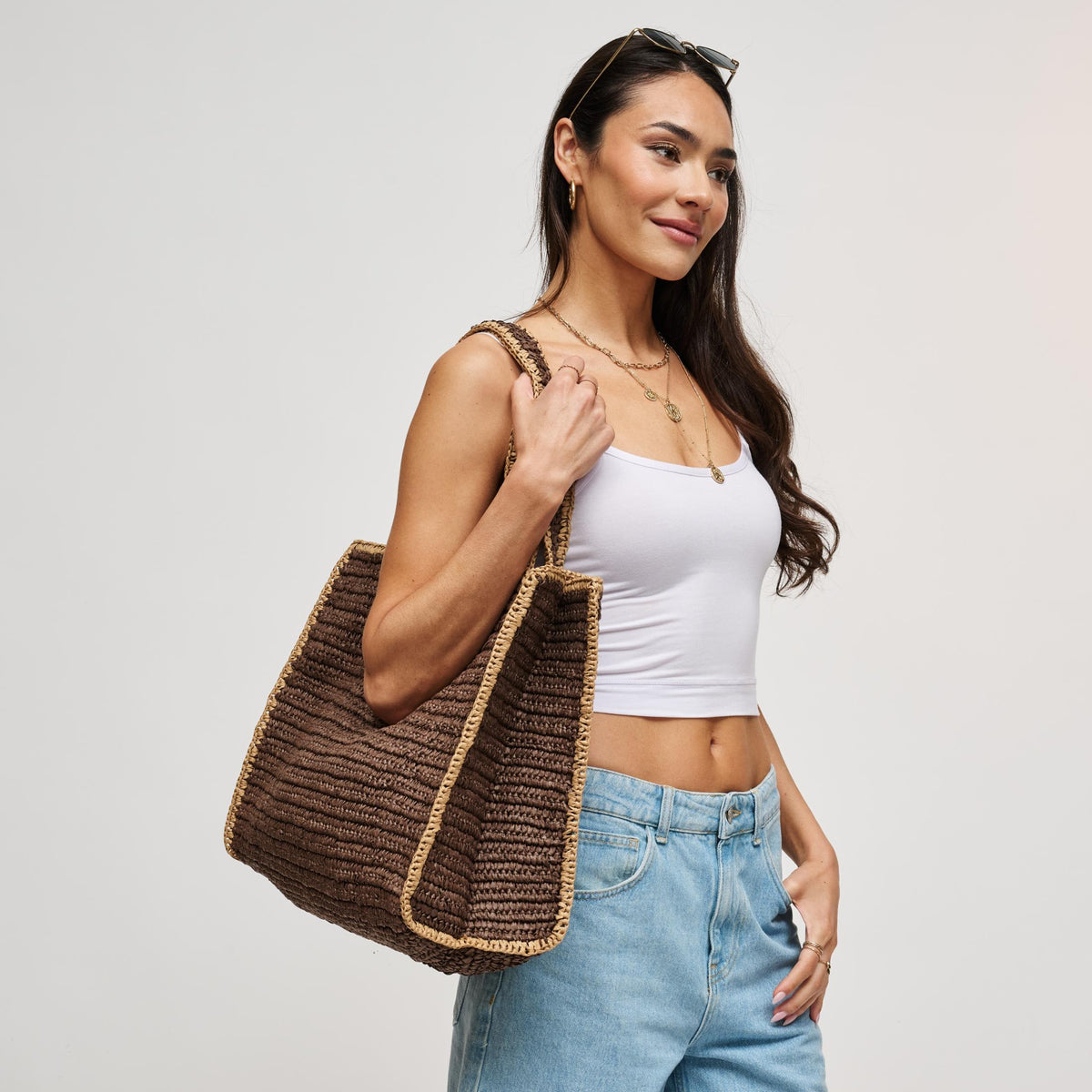 Woman wearing Chocolate Urban Expressions Enid Tote 840504211461 View 1 | Chocolate