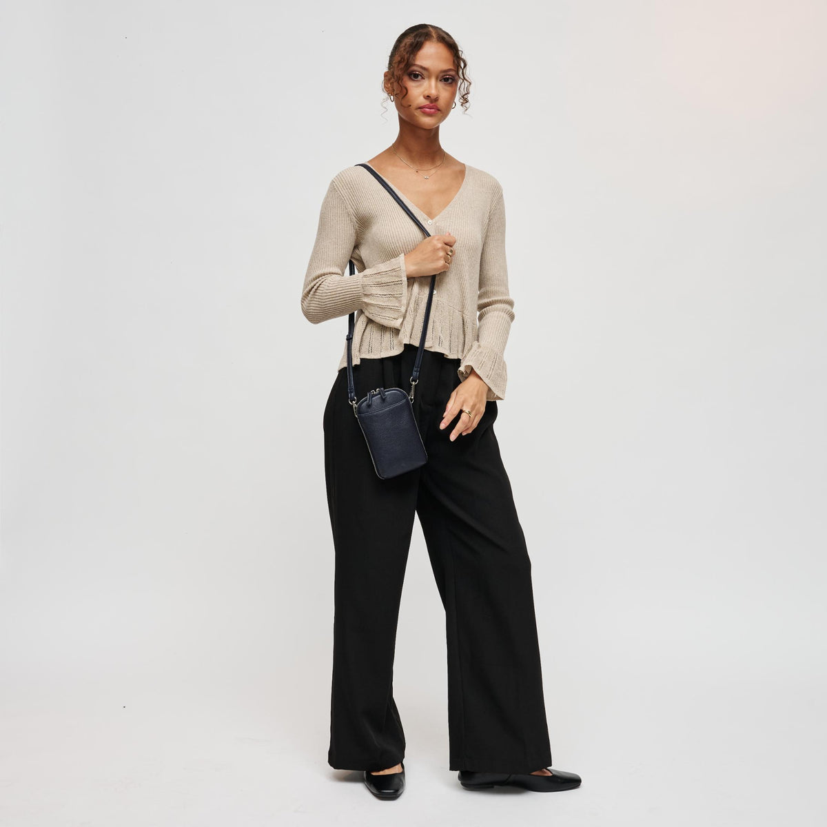 Woman wearing Midnight Urban Expressions Karen Cell Phone Crossbody 840504212772 View 4 | Midnight