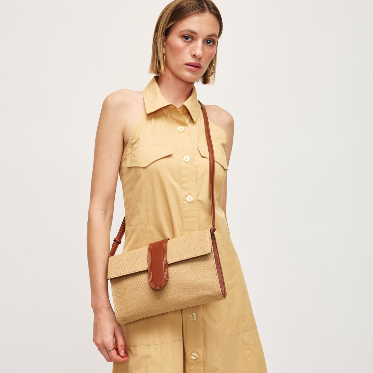 Woman wearing Natural Tan Urban Expressions Sia Crossbody 840611151773 View 1 | Natural Tan