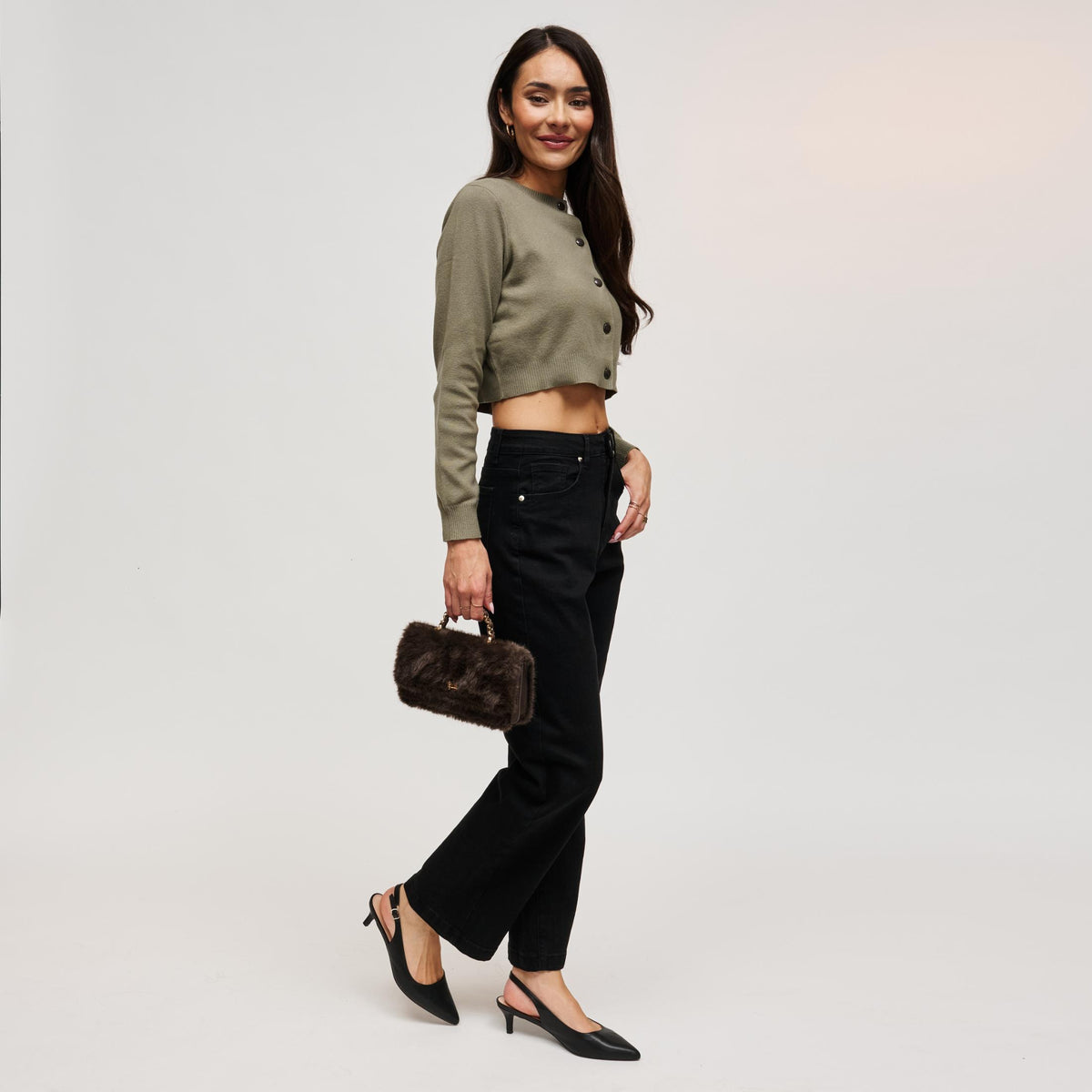 Woman wearing Chocolate Urban Expressions Lulu - Fur Crossbody 840504212406 View 2 | Chocolate