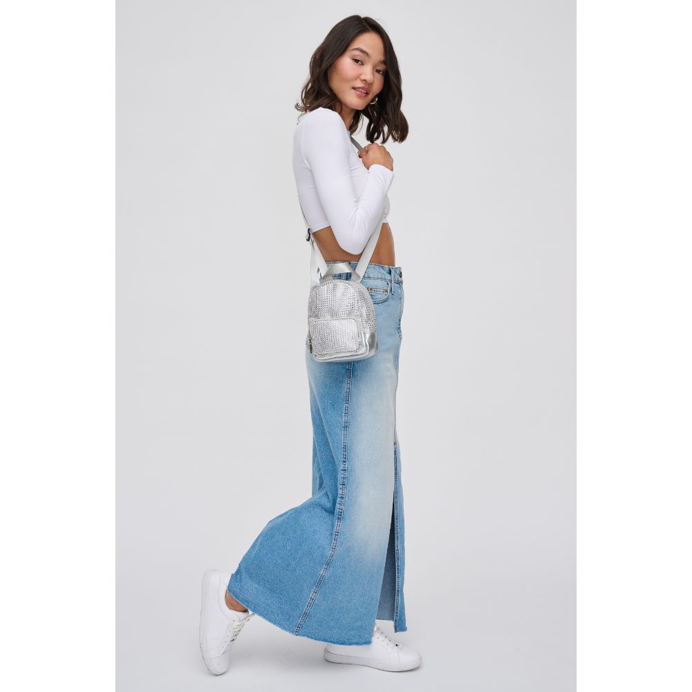 Woman wearing Silver Urban Expressions Frizzante Crossbody 840611121486 View 2 | Silver