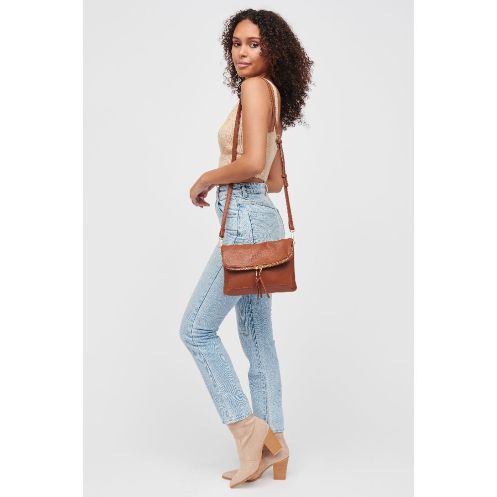 Woman wearing Tan Urban Expressions Debra Crossbody 840611184672 View 3 | Tan
