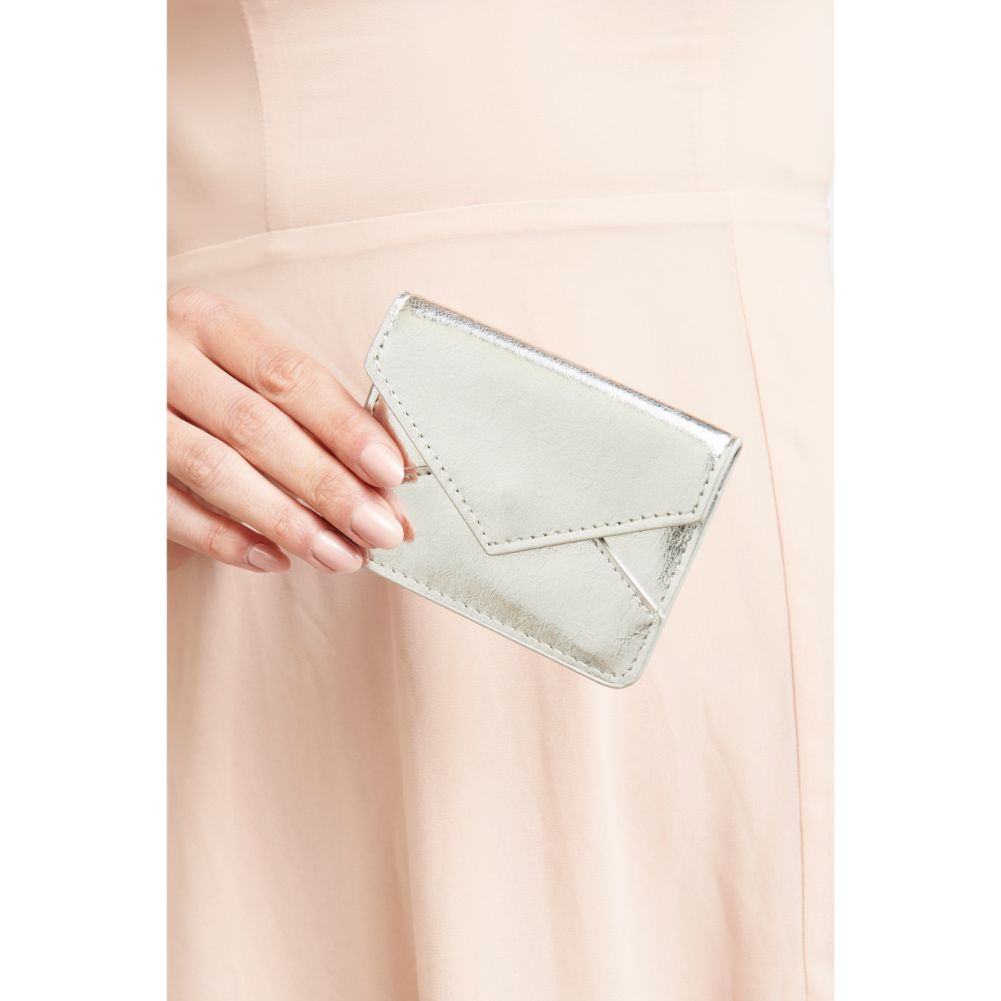 Woman wearing Silver Urban Expressions Fifi Metallic Card Holder 840611119445 View 1 | Silver