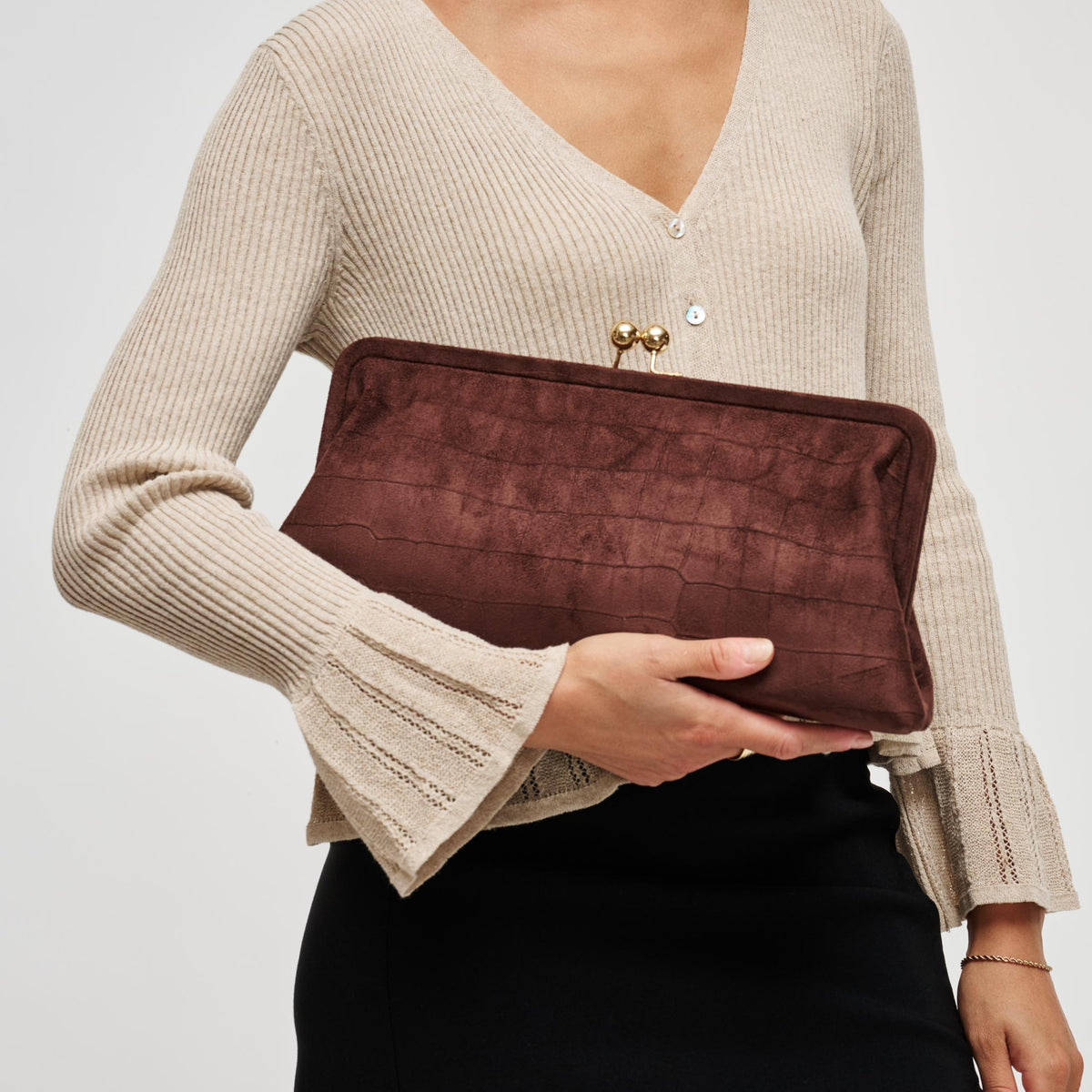 Woman wearing Chocolate Urban Expressions Kristin - SU Clutch 840504212499 View 1 | Chocolate