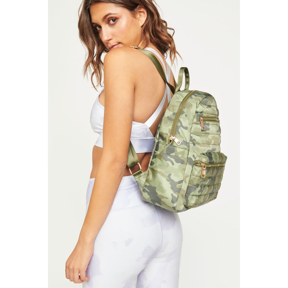 Woman wearing Green Camo Urban Expressions Aiden Backpack 840611180735 View 3 | Green Camo