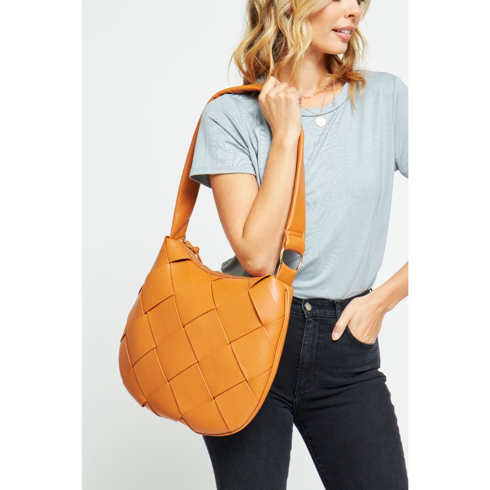 Woman wearing Tan Urban Expressions Mira Messenger 840611179289 View 1 | Tan