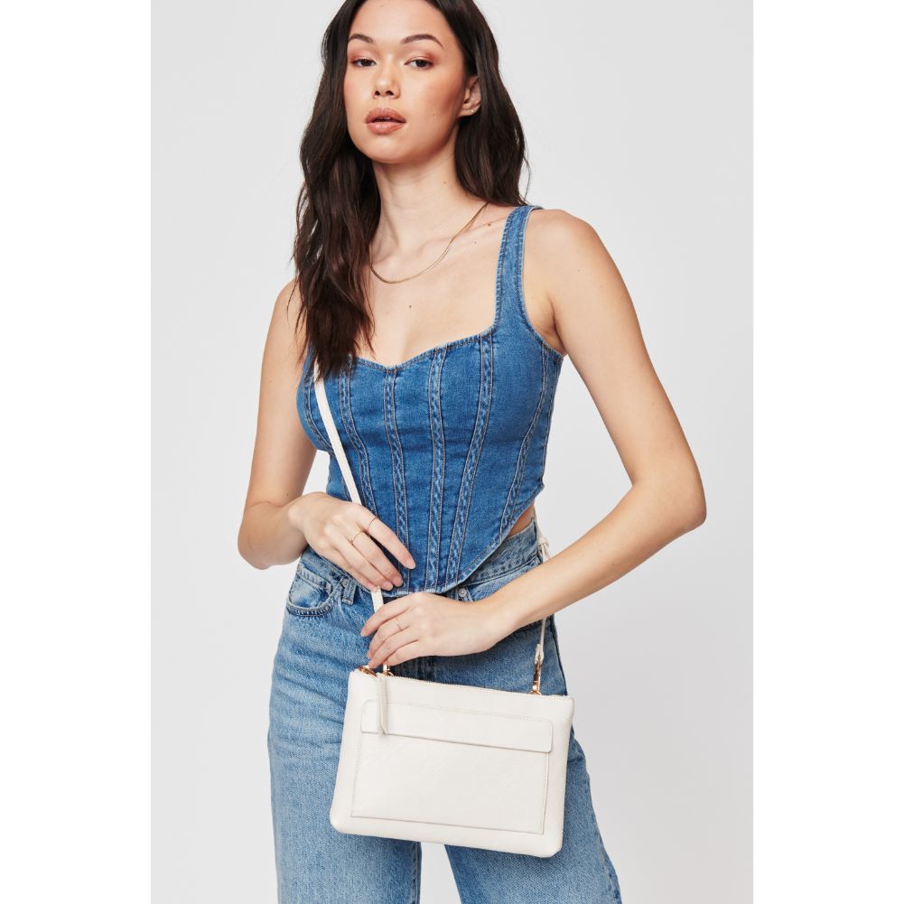 Woman wearing Oatmilk Urban Expressions Morris Lizard Crossbody 840611108524 View 2 | Oatmilk