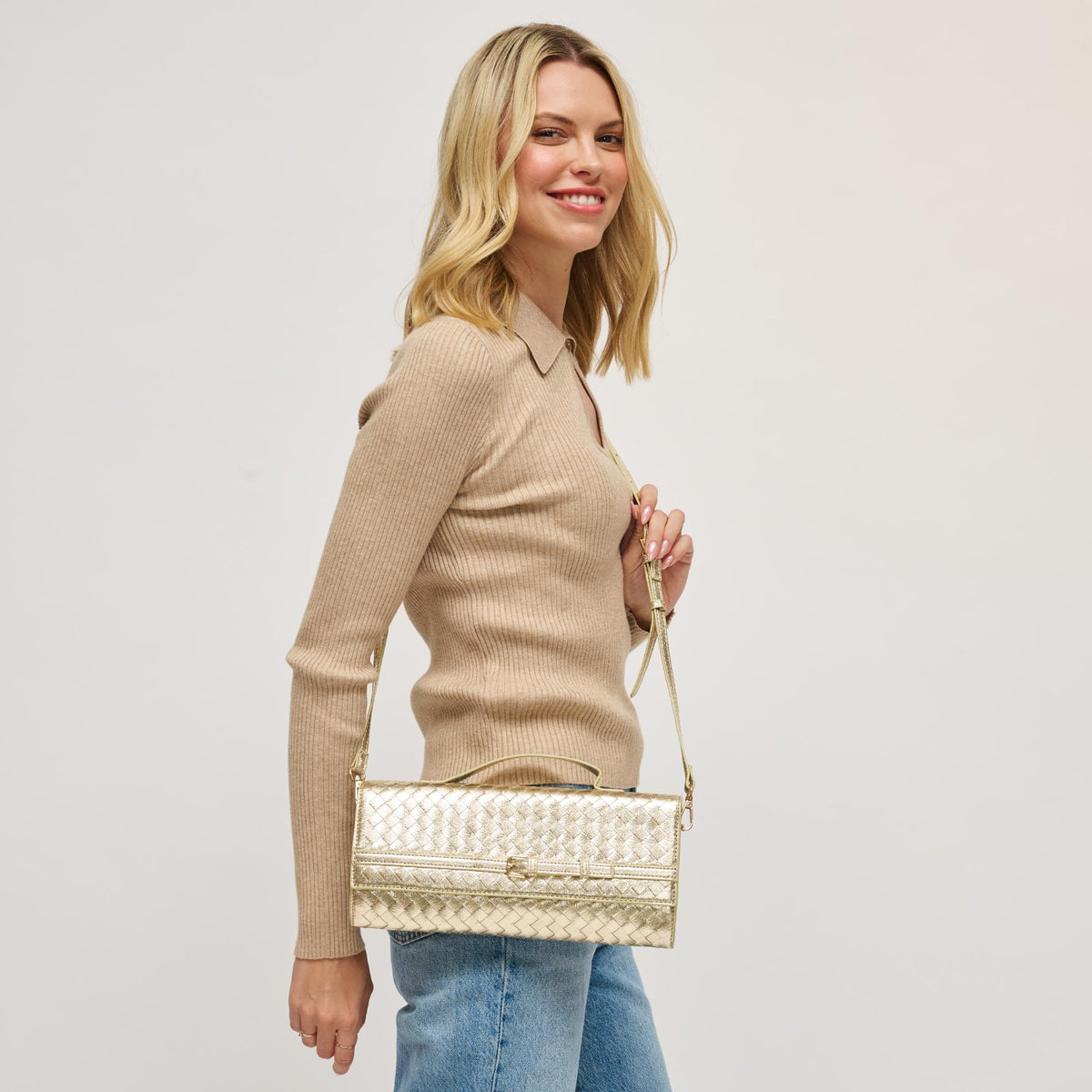 Woman wearing Gold Urban Expressions Emerson Crossbody 840611198327 View 1 | Gold