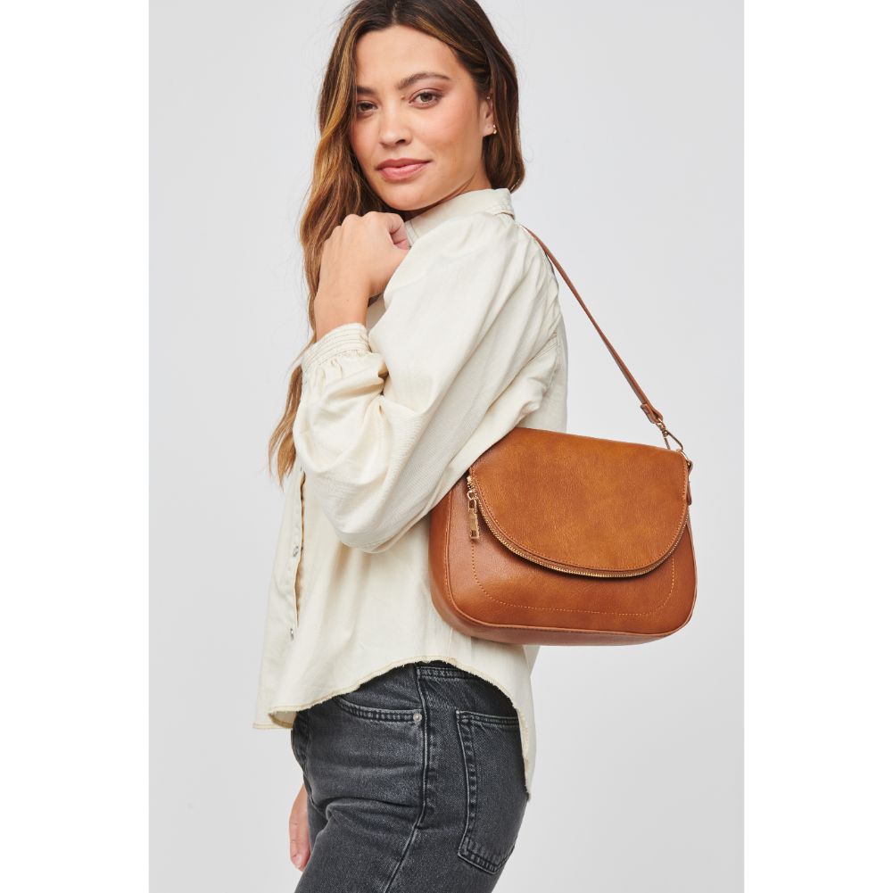 Woman wearing Tan Urban Expressions Nellie Crossbody 840611105141 View 1 | Tan