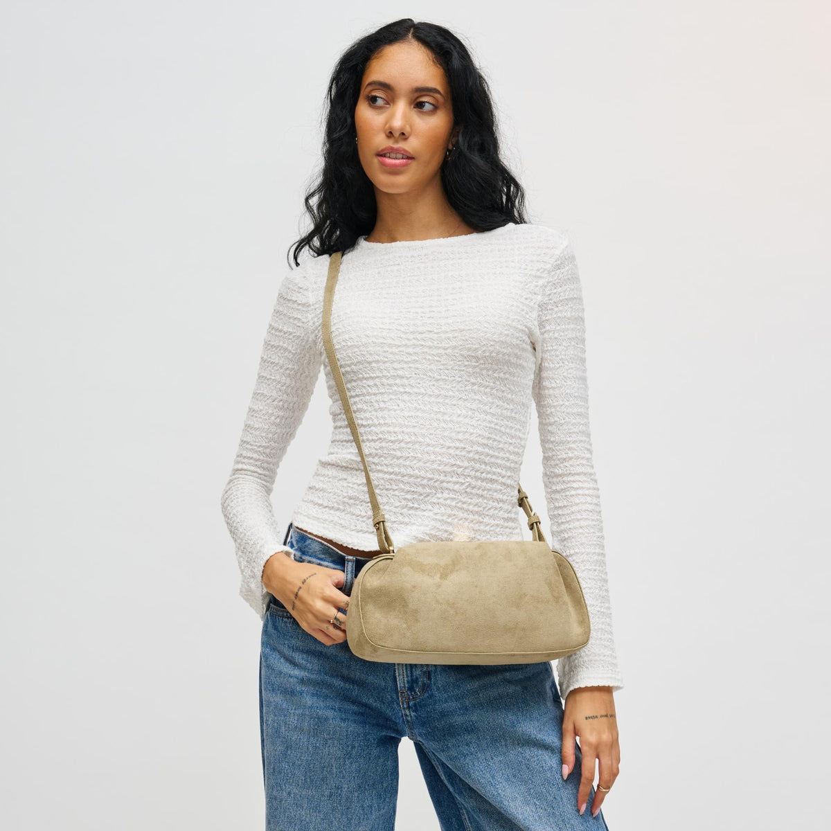 Woman wearing Sage Urban Expressions Lizzie Crossbody 840611199072 View 1 | Sage