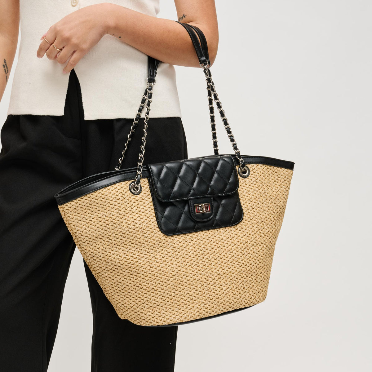 Woman wearing Natural Black Urban Expressions Landon Tote 840504205002 View 1 | Natural Black