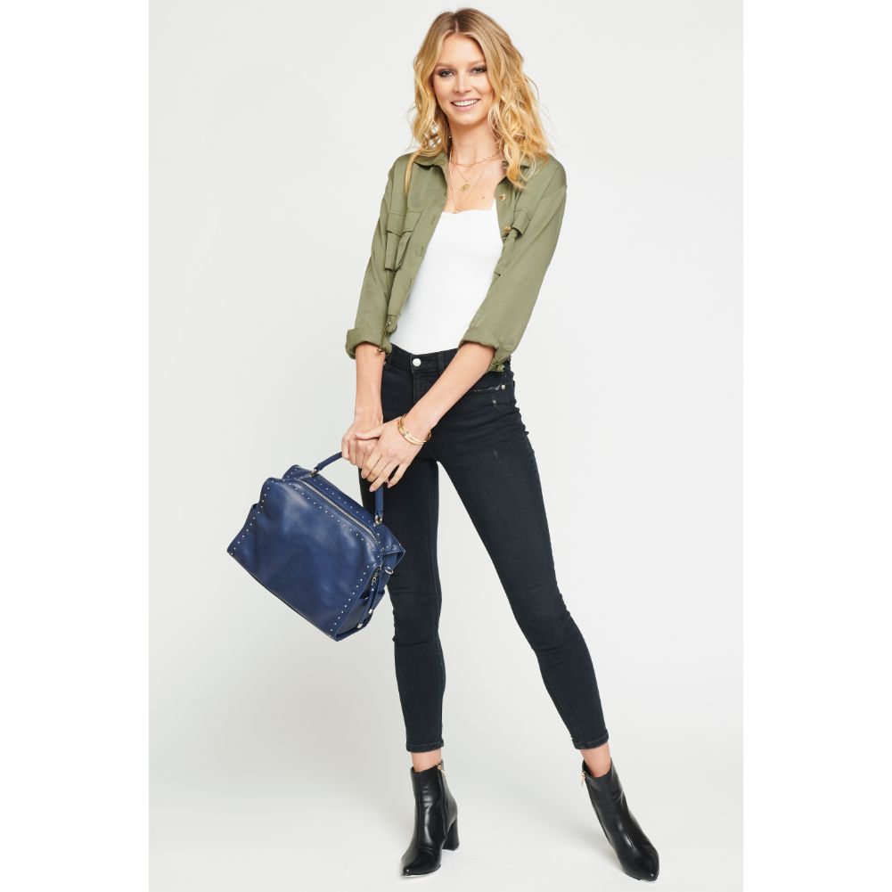 Woman wearing Navy Urban Expressions Madden Satchel 840611153746 View 3 | Navy
