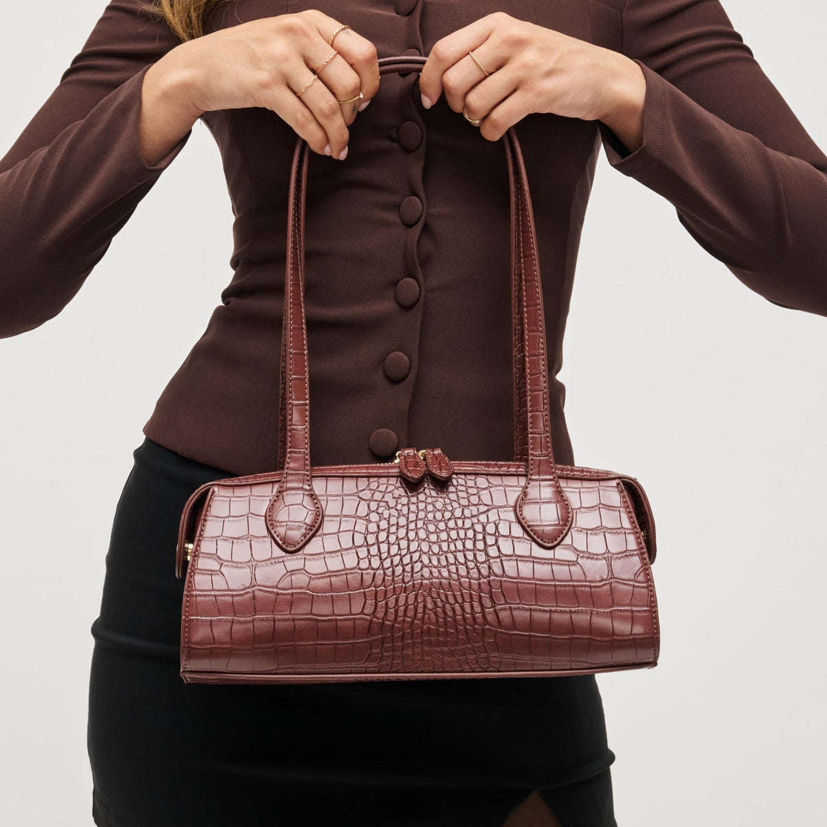 Woman wearing Chocolate Urban Expressions Nessa Shoulder Bag 840611199737 View 4 | Chocolate