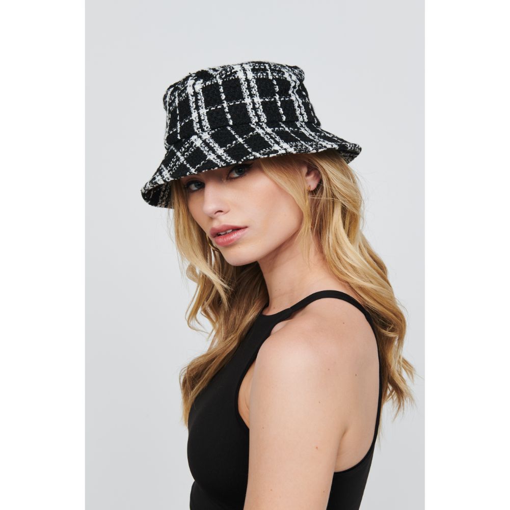 Woman wearing Black White Urban Expressions Plaid Bucket Hat Bucket Hat 818209014717 View 1 | Black White