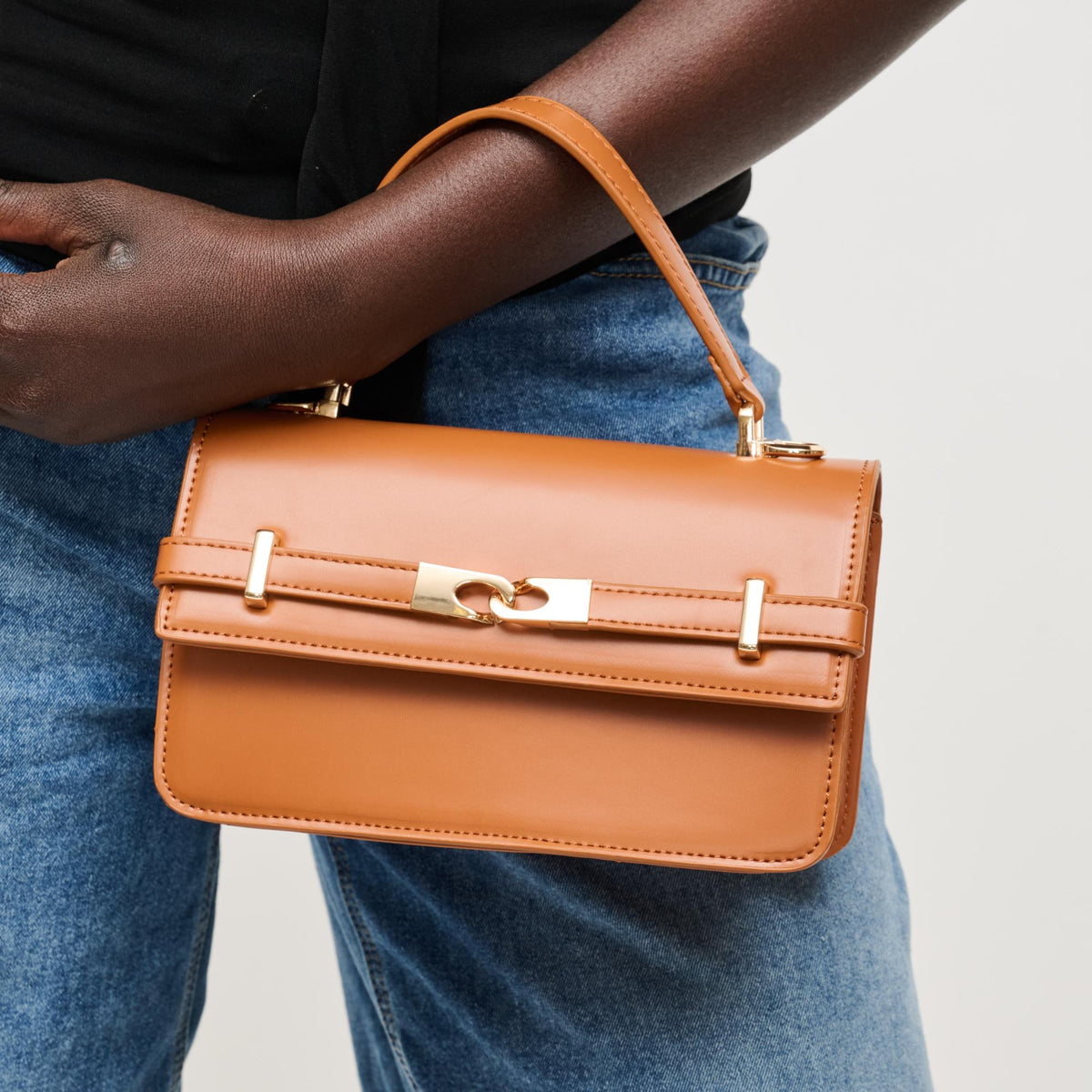Woman wearing Cognac Urban Expressions Lily Crossbody 840504205811 View 1 | Cognac