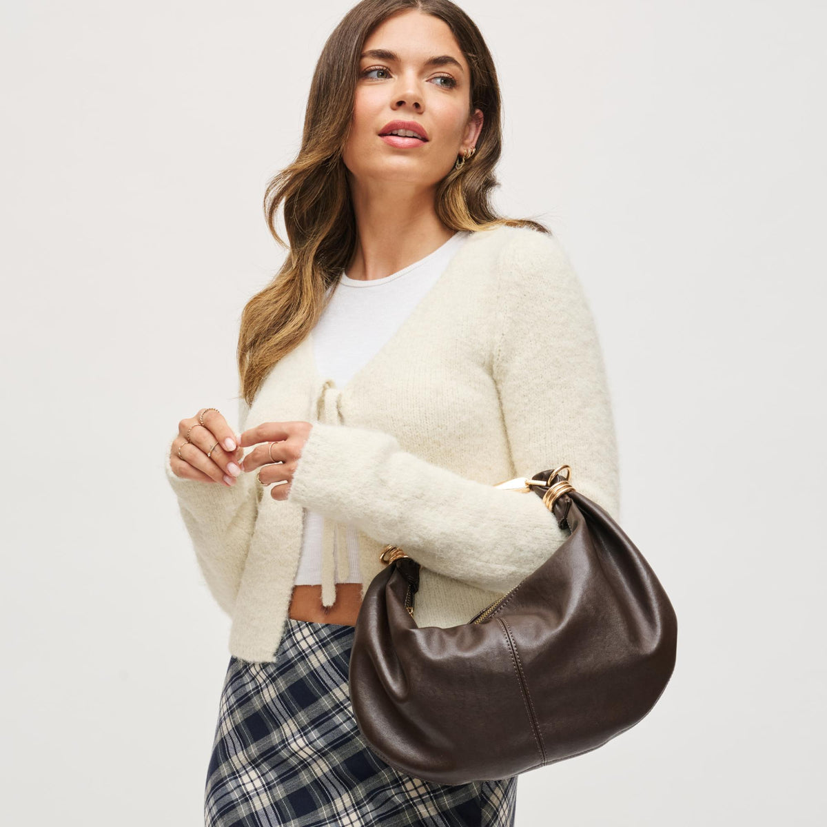 Woman wearing Espresso Urban Expressions Carrie Crossbody 840611199799 View 3 | Espresso