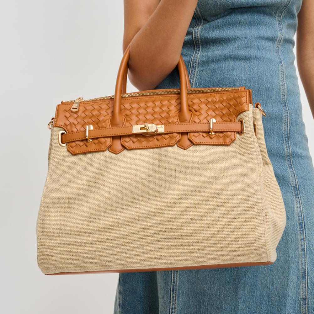 Woman wearing Natural Tan Urban Expressions Bertha Satchel 840611193711 View 1 | Natural Tan