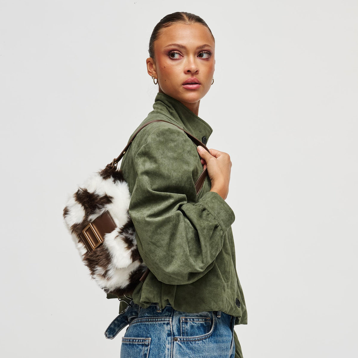Woman wearing Cow Urban Expressions Beverly - Faux Fur Crossbody 840504212468 View 2 | Cow