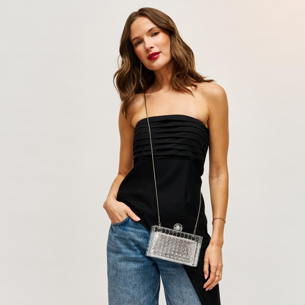 Woman wearing Clear Urban Expressions Melisha Evening Bag 840611112248 View 3 | Clear