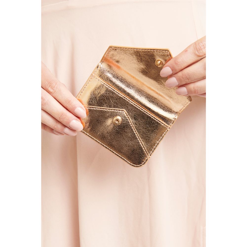 Woman wearing Rose Gold Urban Expressions Fifi Metallic Card Holder 840611119438 View 3 | Rose Gold