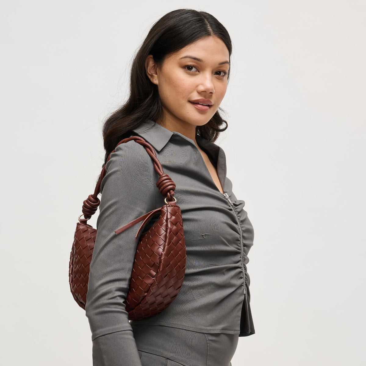 Woman wearing Chocolate Urban Expressions Violet Hobo 840504206597 View 4 | Chocolate