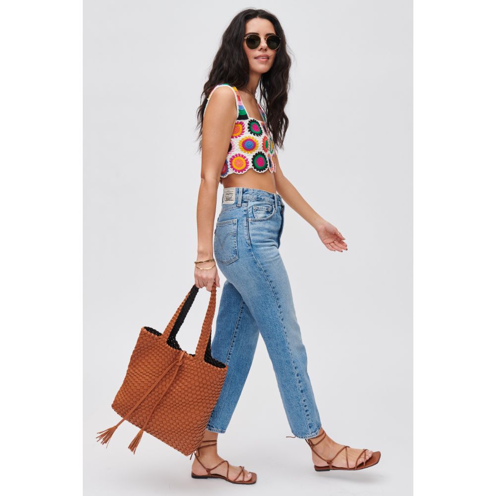 Woman wearing Tan Black Urban Expressions Wilhelmina Tote 840611106636 View 3 | Tan Black