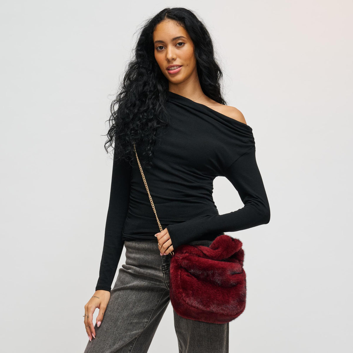 Woman wearing Burgundy Urban Expressions Monica - Faux Fur Crossbody 840611199546 View 3 | Burgundy