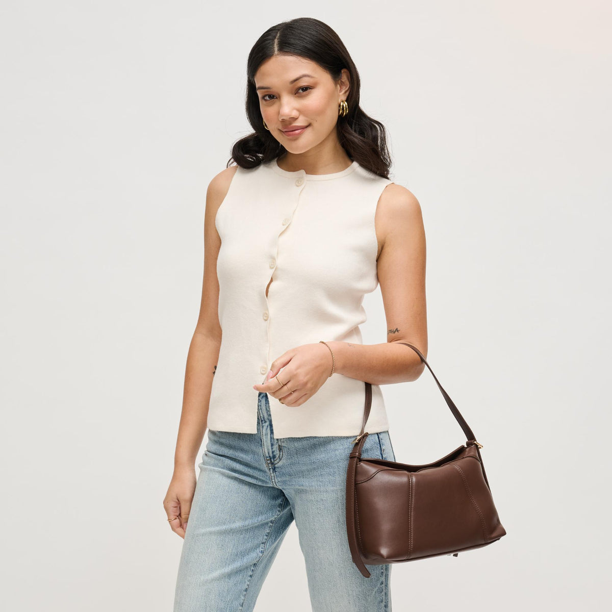 Woman wearing Chocolate Urban Expressions Waylon Shoulder Bag 840504205170 View 3 | Chocolate