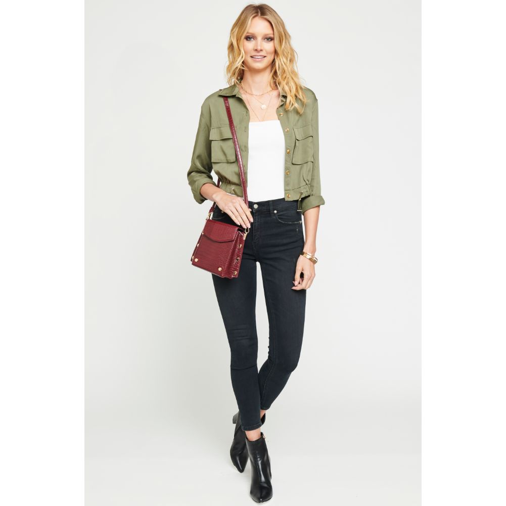 Woman wearing Burgundy Urban Expressions Taylor Croc Crossbody 840611165589 View 3 | Burgundy