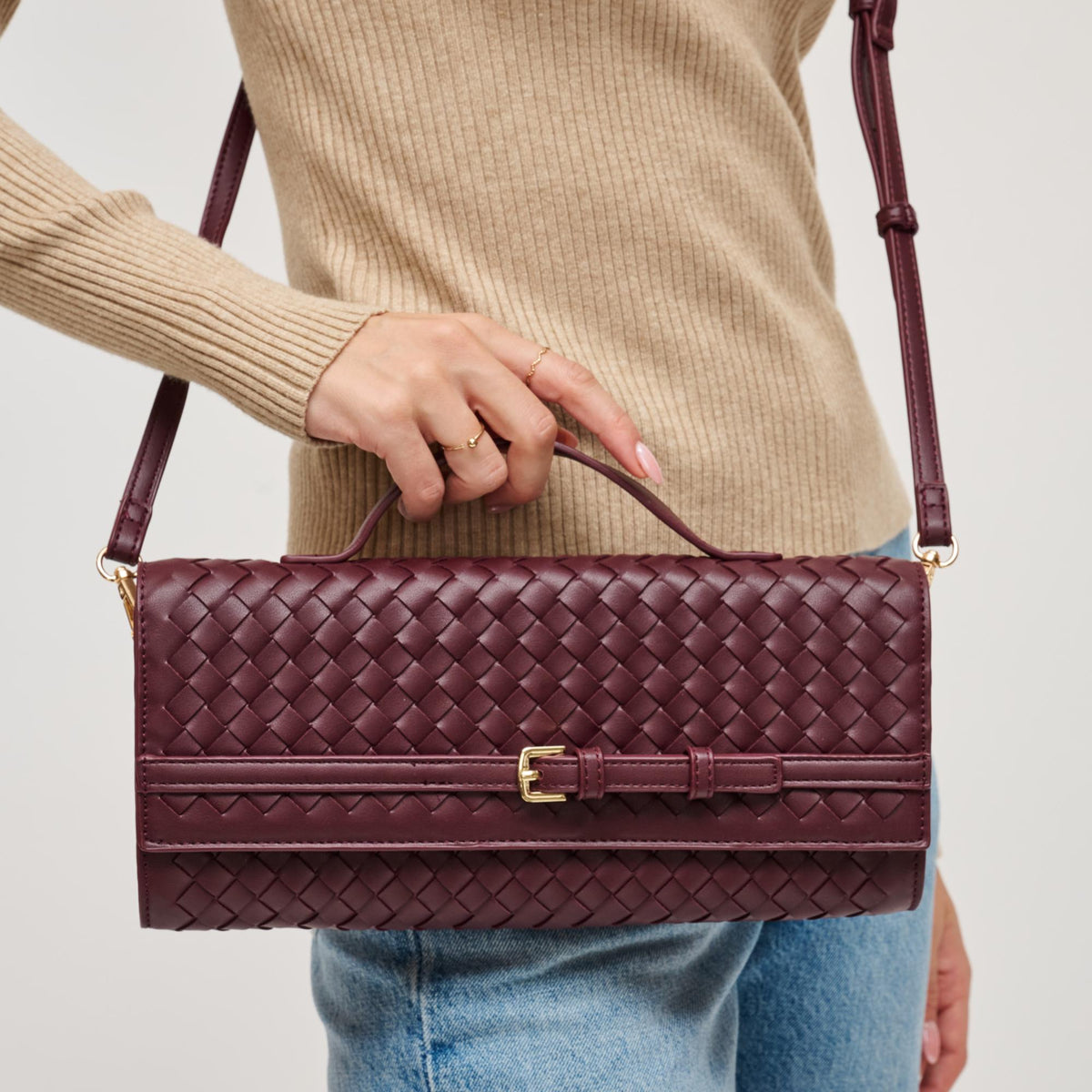 Woman wearing Wine Urban Expressions Emerson Crossbody 840611198334 View 4 | Wine