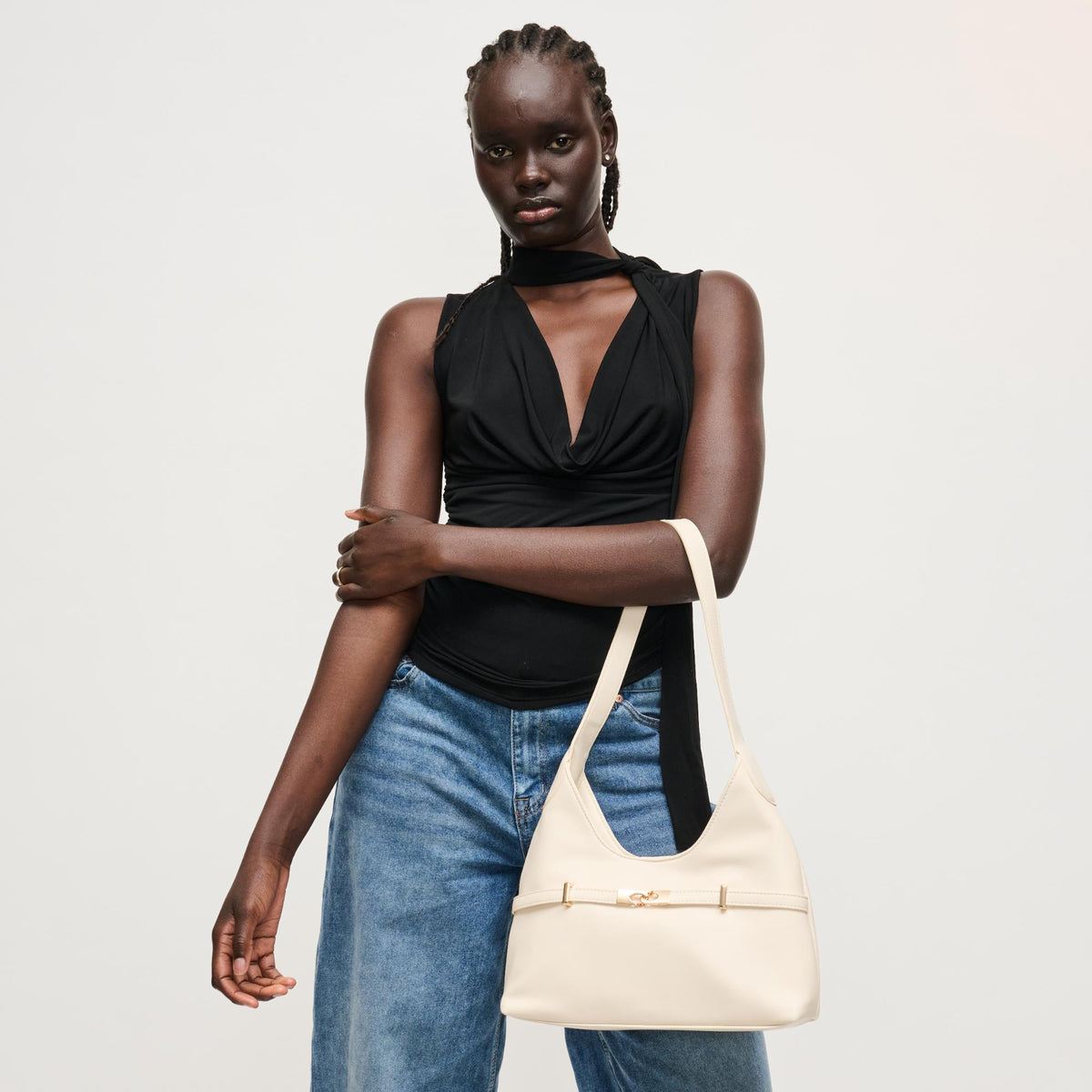 Woman wearing Oatmilk Urban Expressions Camila Shoulder Bag 840504205842 View 3 | Oatmilk