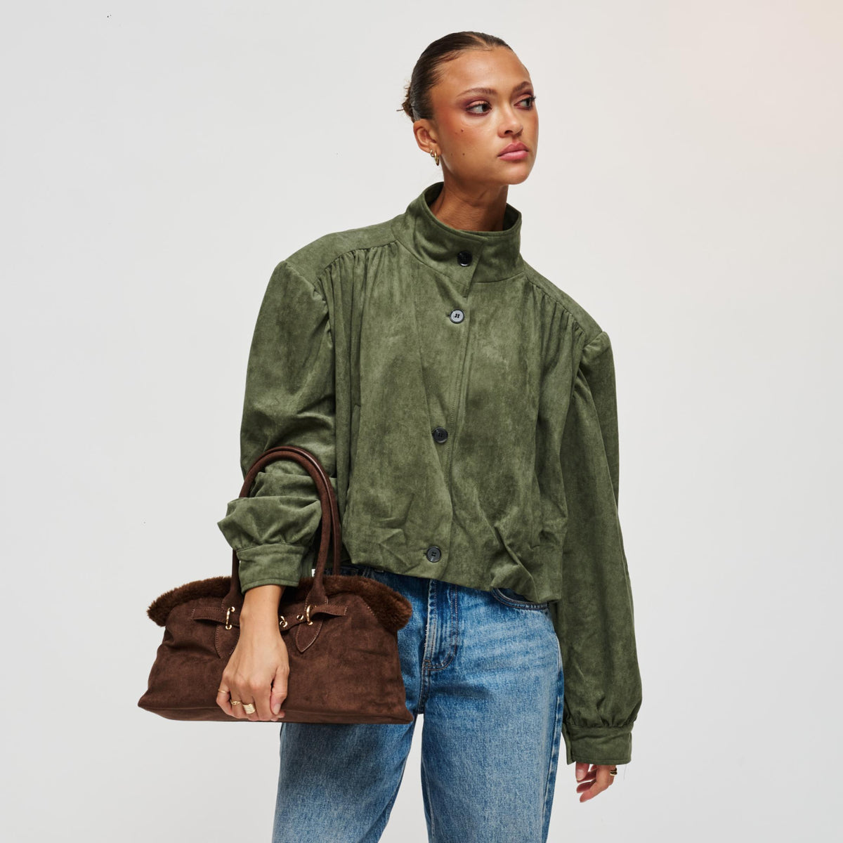Woman wearing Chocolate Urban Expressions Tommy Satchel 840504212291 View 3 | Chocolate
