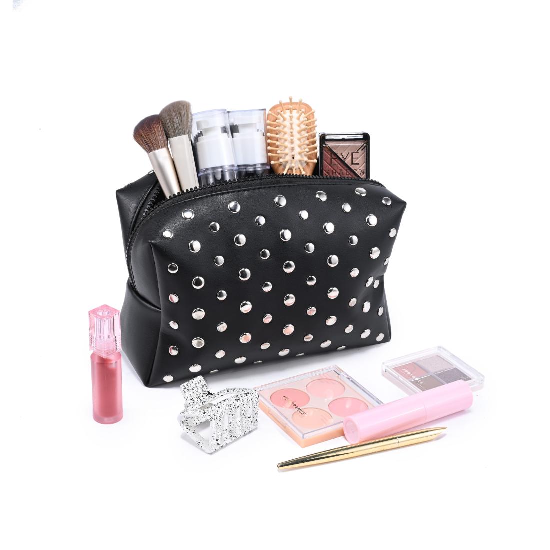 Woman wearing Black Urban Essentials Stud Collective Cosmetic & Travel Organizer Pouch 840504210488 View 1 | Black