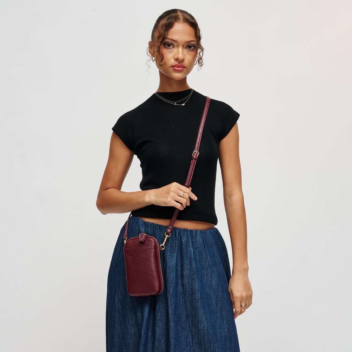 Woman wearing Burgundy Urban Expressions Karen Cell Phone Crossbody 840504212789 View 2 | Burgundy