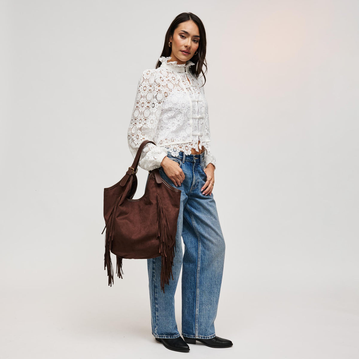 Woman wearing Chocolate Urban Expressions Nyxie Tote 840504211553 View 2 | Chocolate