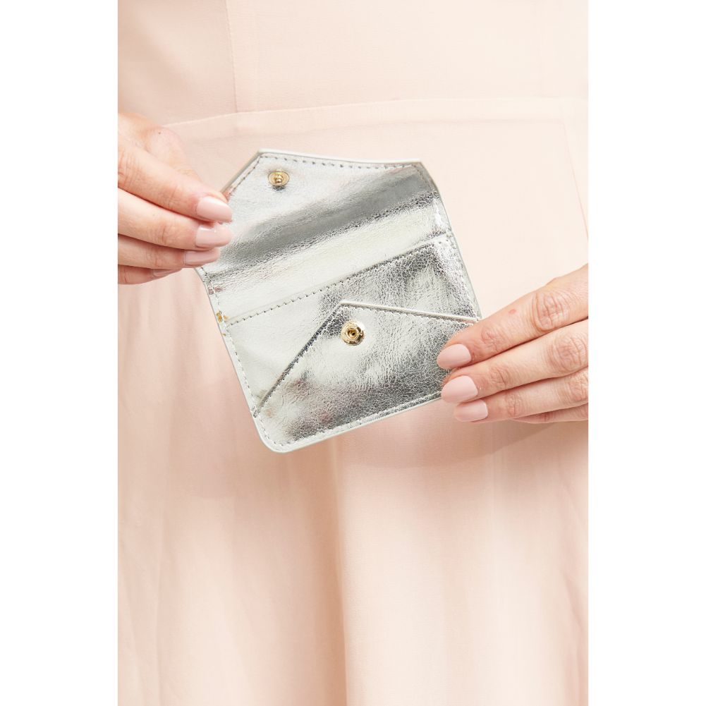 Woman wearing Silver Urban Expressions Fifi Metallic Card Holder 840611119445 View 3 | Silver